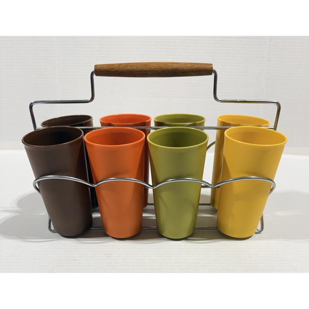 TUPPERWARE - Vintage Tumblers Carrier - Set 8 Cups - Harvest Colors MCM 873 RARE